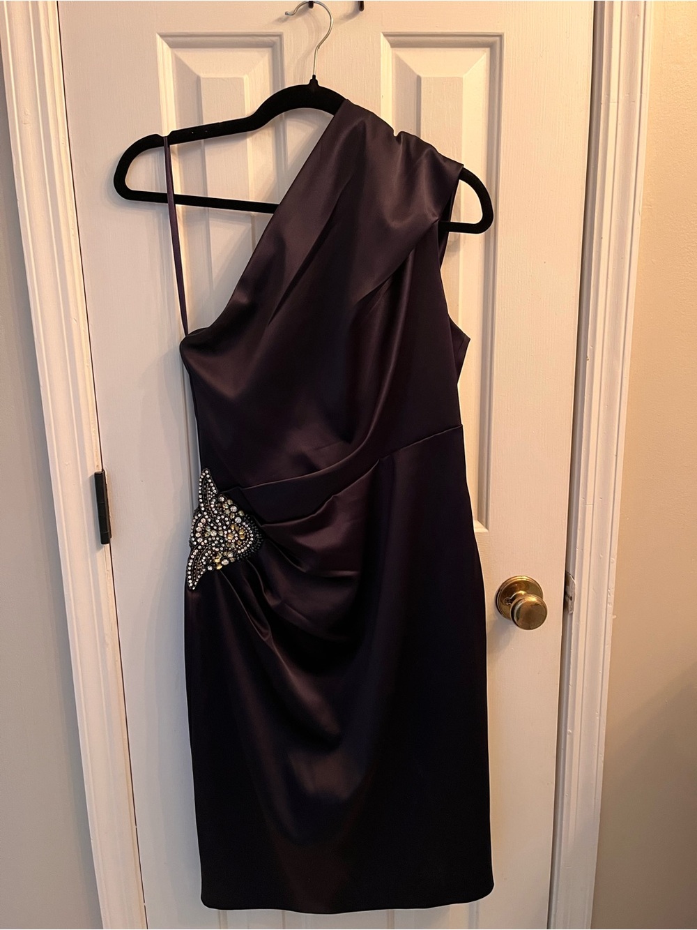 Eliza J One-Shoulder Satin Dress in Plum with Rhinestone Accent